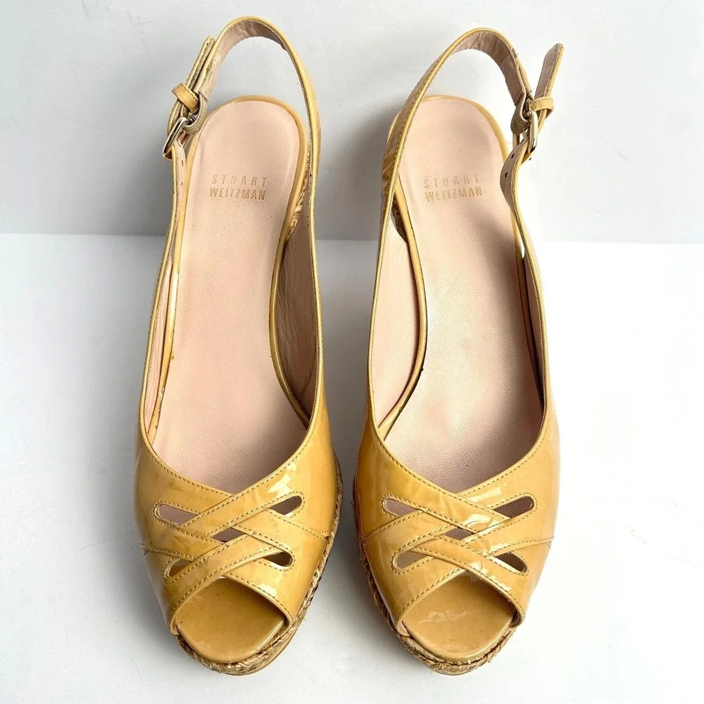 Stuart Weitzman Espadrille Peep Toe Wedge Heels Sandals Camel Tan Patent Leather - Picture 6 of 15